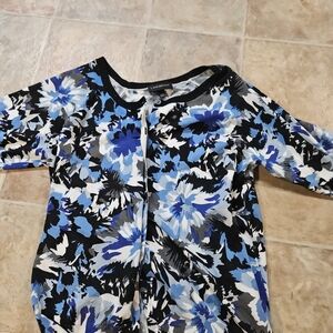 Lane Bryant Blue Black White Floral Scoop Neck Blouse